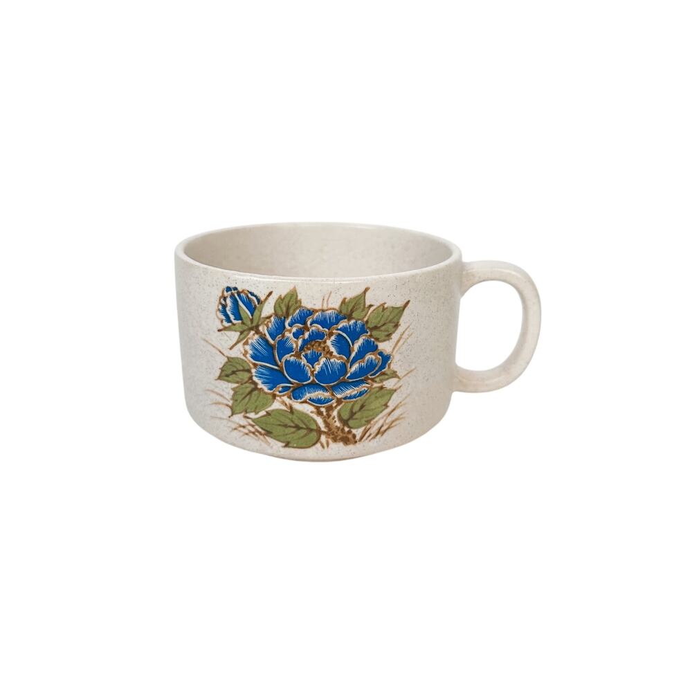 Vintage Otagiri Style Speckled Stoneware Blue Flower Soup Bowl/Mug